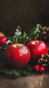 Cozy holiday apples with holly leaves and rustic pinecones.