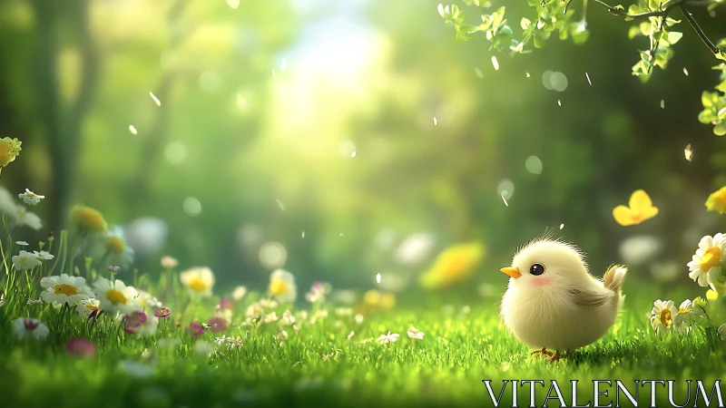 Fluffy spring chick glows in a dreamy sunlit meadow