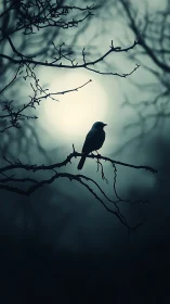 A Solitary Bird Perches on Bare Winter Branches at Dawn