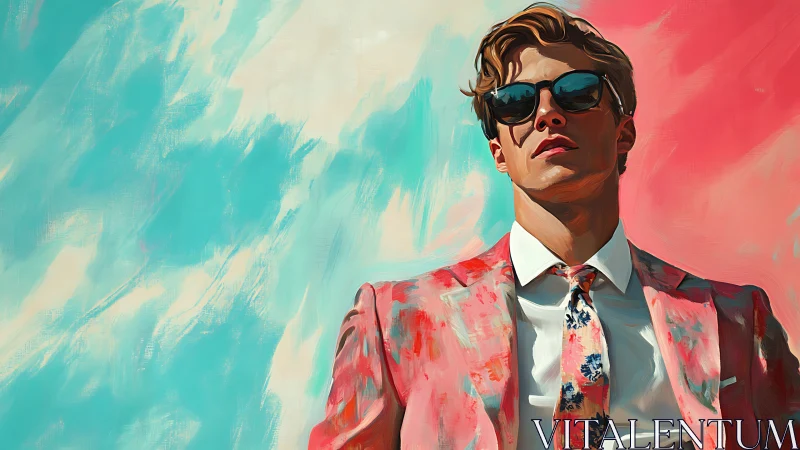 Stylish man in pink suit stands before bold pastel sky.