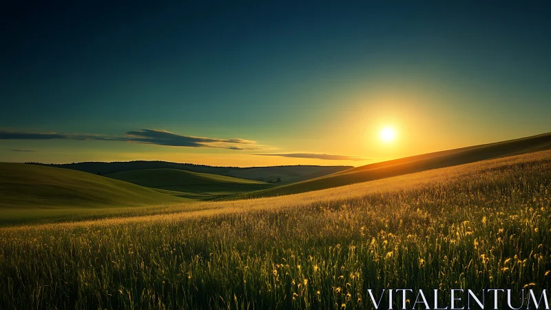 Golden evening sun gently warming rolling country hillsides