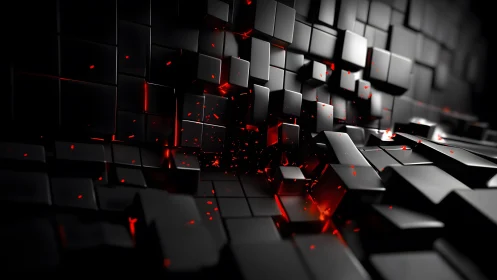 Dynamic black 3D cubes with glowing red highlights in abstract style.