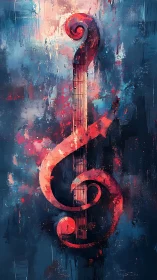 Abstract treble clef and violin silhouette in red and blue haze