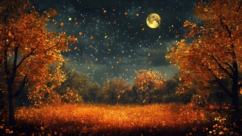 Autumn forest clearing under full moon with drifting foliage