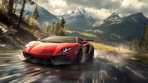 Red supercar powers through wet alpine mountain pass.