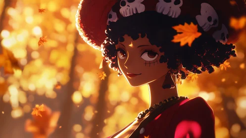 Smiling witch walks through glowing autumn forest light