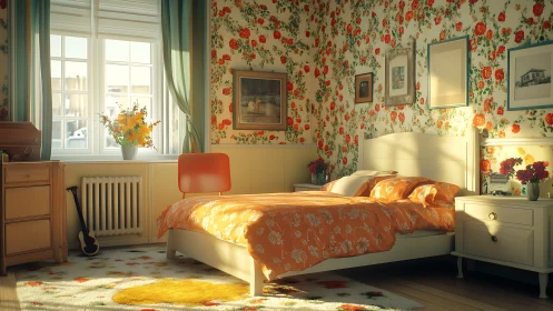 Sunlit floral bedroom showcases warm patterned interior