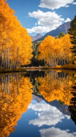 Mirror-bright lake doubles a corridor of blazing autumn gold