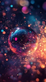 Spherical form suspended amid multicolored bokeh particles