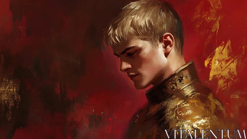 Golden prince in quiet reflection against deep red hues.