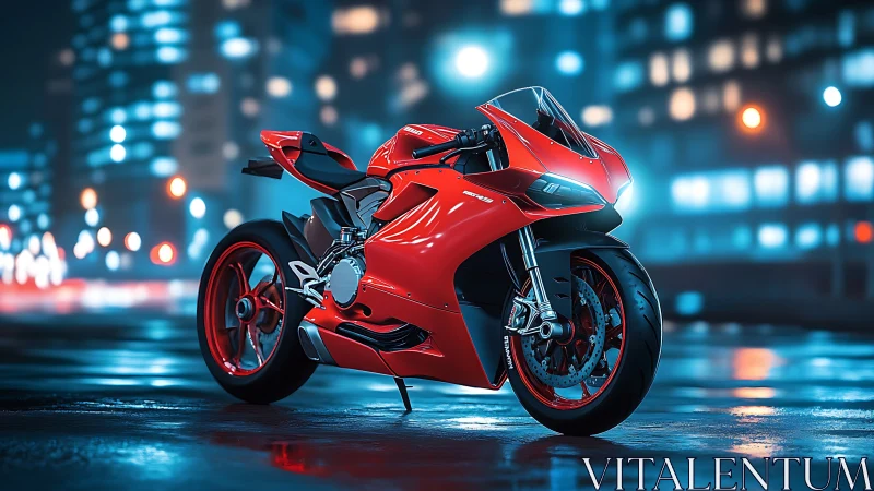Red superbike on wet neon city street at night time.