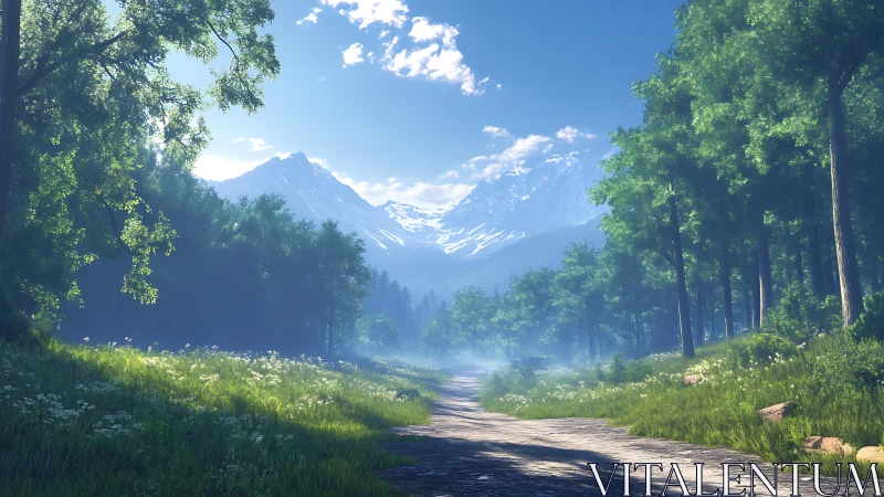 Alpine Valley Digital Landscape: Path Through Coniferous Forest