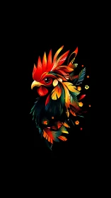 Vibrant Rooster Head with Feather-Textured Explosion Composition