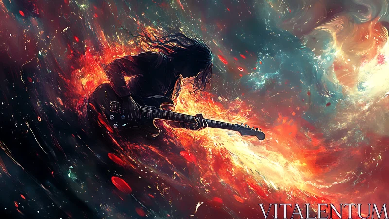 Cosmic guitarist riding a fiery wave of swirling stardust.