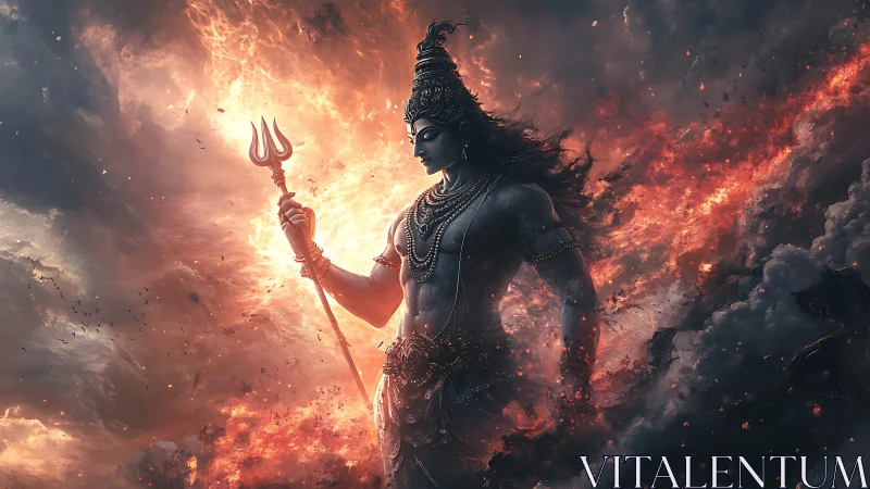 Divine warrior silhouette amid apocalyptic firestorm clouds.