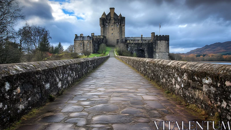 Stone bridge leads toward storm-lit medieval hilltop castle.