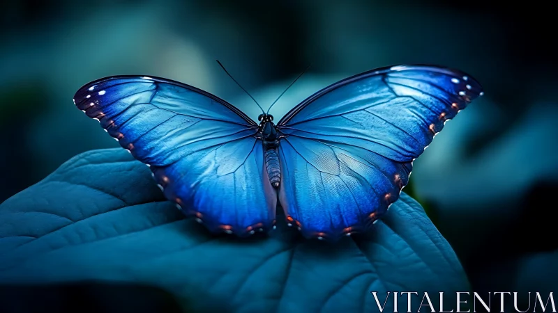 Midnight blue butterfly poised on moonlit forest leaf.