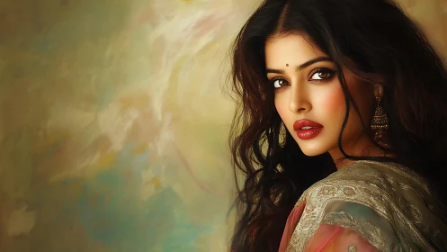 Woman in traditional attire poses against soft abstract backdrop