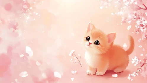 Orange and white kitten in floral setting with pink background.