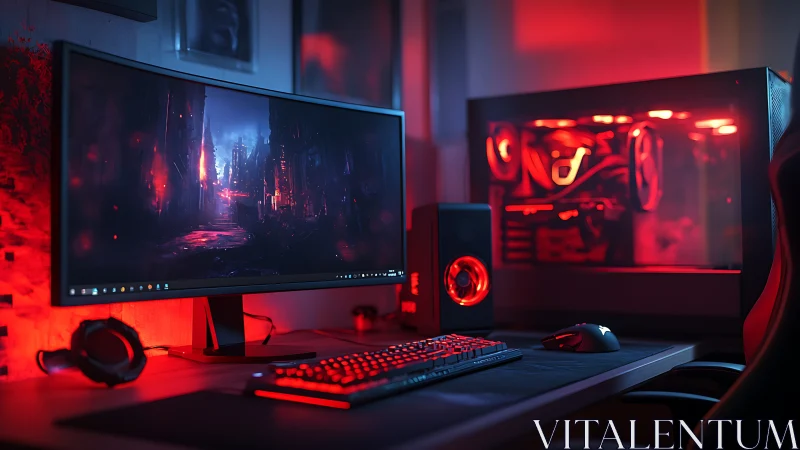 Ultrawide gaming monitor with red lit desktop computer.