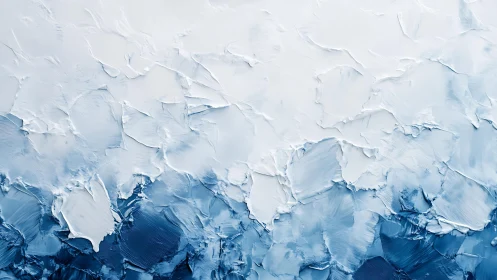 Abstract textured blue and white oil painting with palette knife strokes.