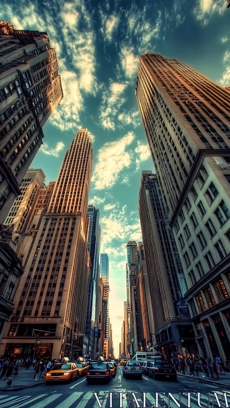 Sunlit skyscraper canyon over busy city avenue at dusk.