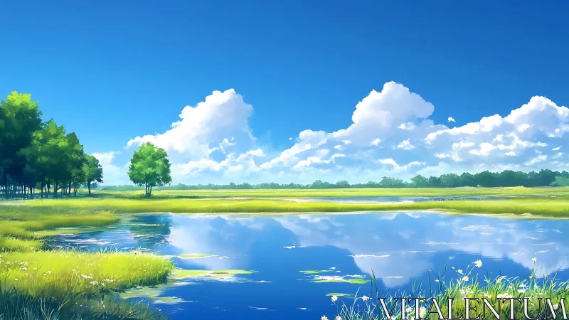 Luminous summer pond beneath towering clouds in anime style.