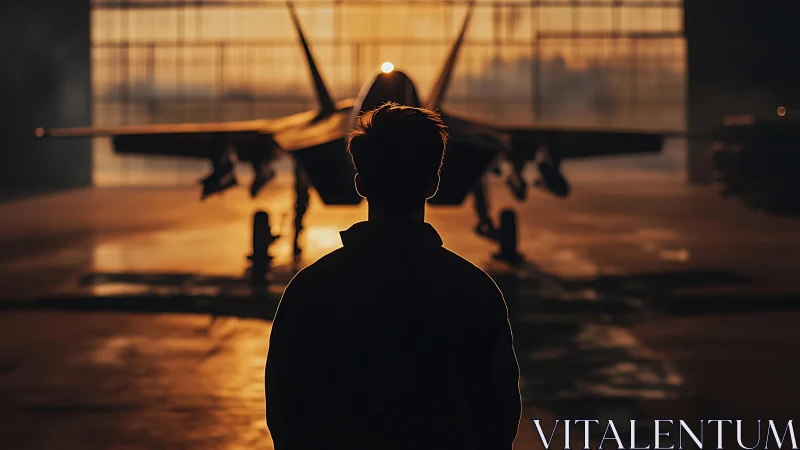 Silhouetted observer facing jet aircraft in hangar at dusk.