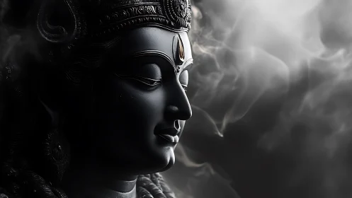 Photorealistic sculptural deity profile in drifting monochrome mist.