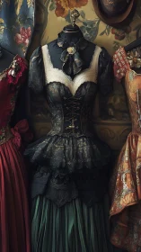 Victorian corseted dress on mannequin with ornate textile details.