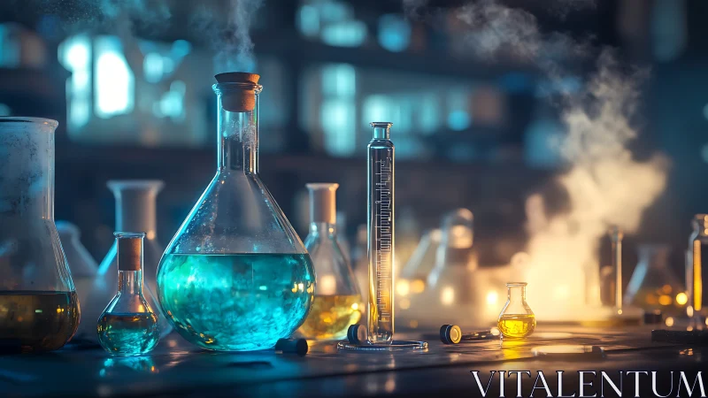 Luminous lab glassware with swirling chemical vapors at dusk.