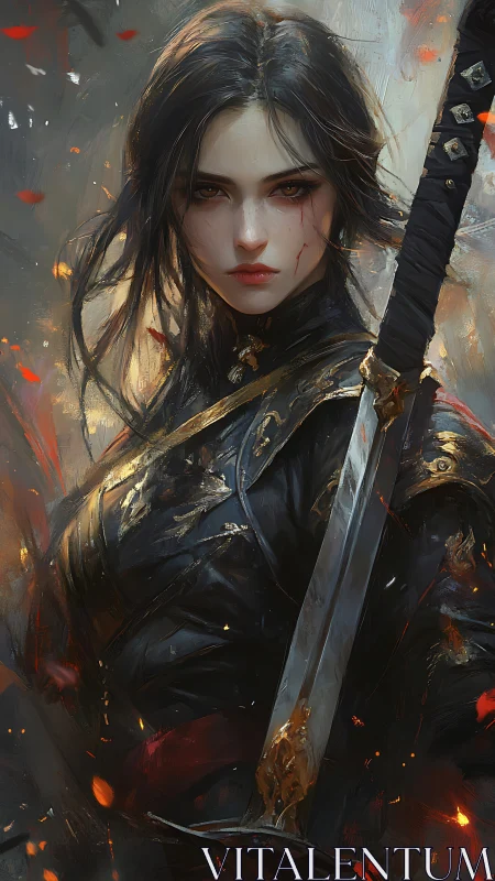 Battle-scarred warrior portrait with ember-lit katana focus.