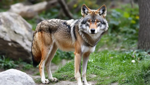 Wild wolf standing alert on forest path outdoors.