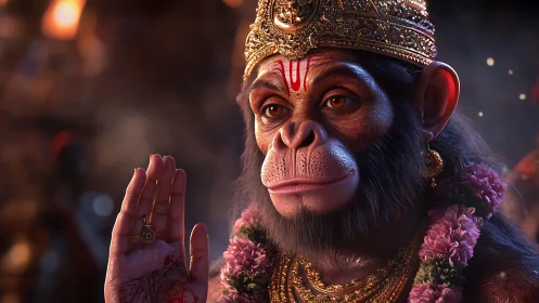 Regal monkey deity portrait with raised blessing hand.