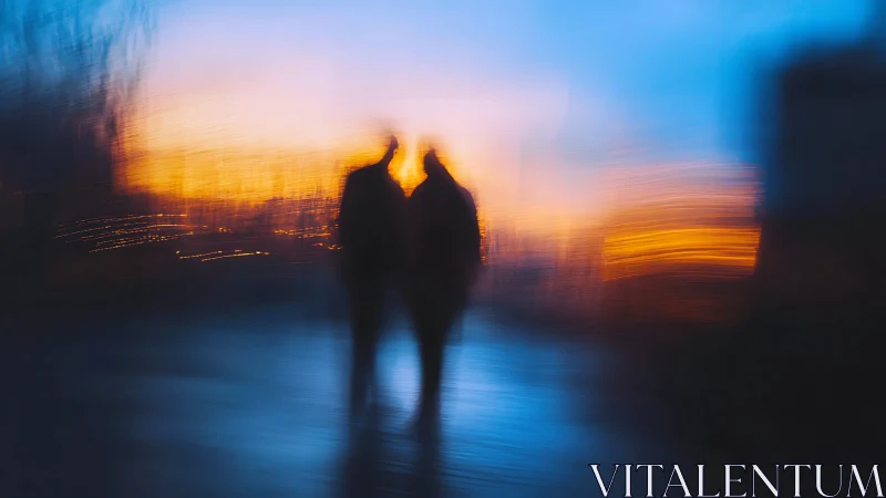 Silhouetted figures dissolving into a neon dusk horizon.