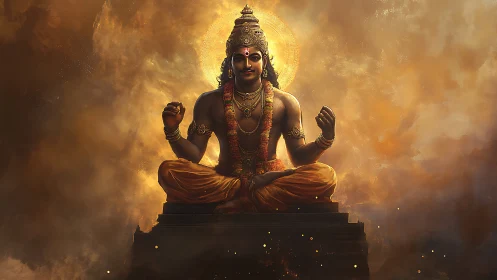 Divine meditating deity sits within radiant golden aura