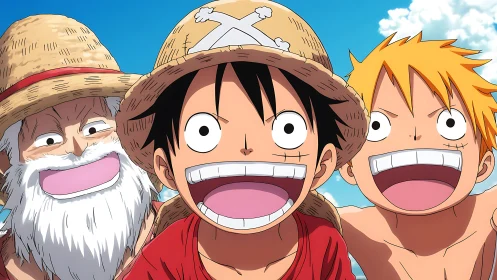 Straw hat anime trio with exaggerated smiles outdoors.