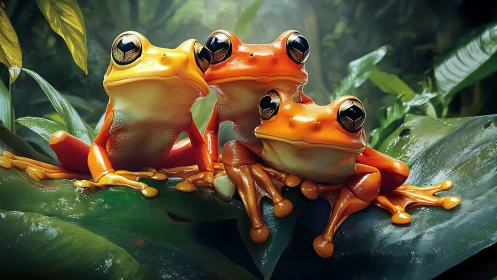 Triad of hyperreal orange tree frogs on saturated foliage.