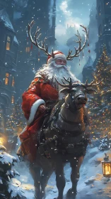 Santa rides winter reindeer through glowing snowbound town.