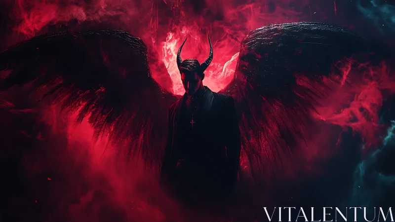 Horned dark angel emerges from infernal crimson nebula