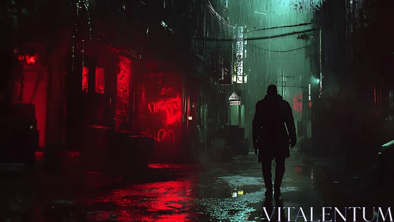 Lone wanderer in neon soaked rainy city alley at night.