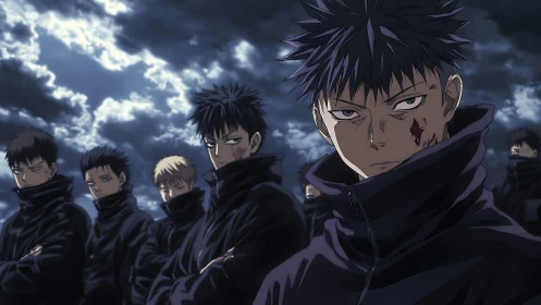 Brooding anime squad stands beneath stormy twilight sky.