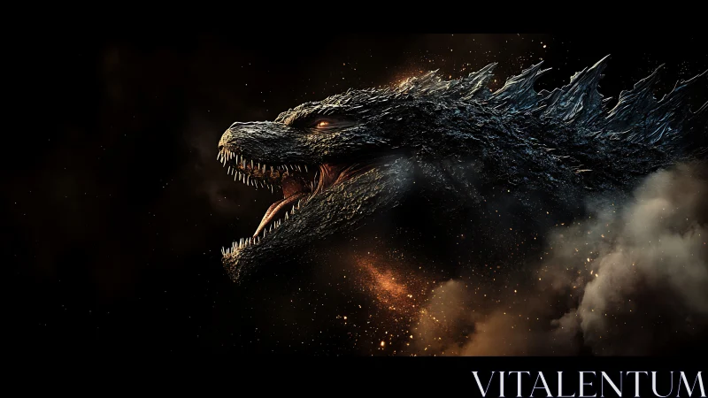 Monstrous reptilian profile amid dark smoke and sparks.