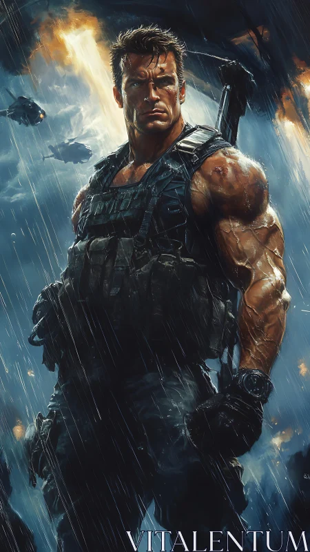 Battle-hardened hero standing strong in the stormy night.