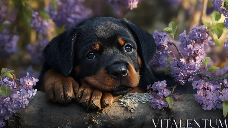 Rottweiler puppy resting among lilac blossoms in springtime.