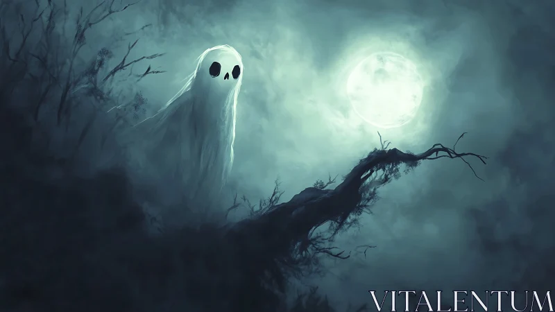 Ghostly spirit drifts through misty forest beneath moon.