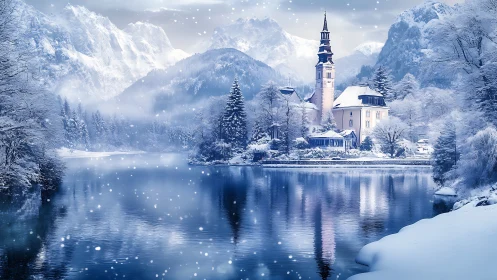 Snowy lakeside church nestles quietly beneath winter peaks