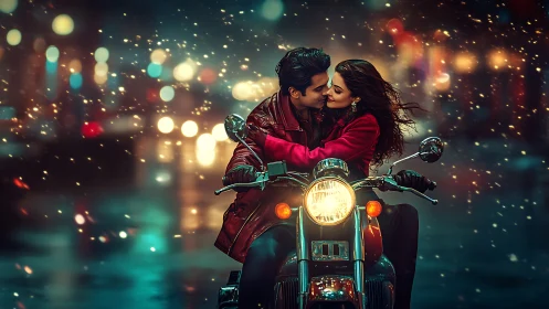 Motorcycle Romance Scene: Dual Figures on Vintage Cruiser with Luminescent Bokeh