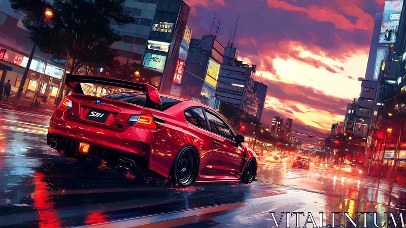 Crimson street racer skims neon rain under blazing dusk sky.