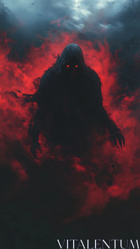 Hooded shadow demon emerging through bloodred smoke.